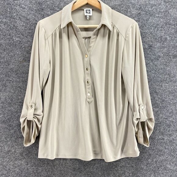 Anne Klein Shirt Women S Small Beige Button Up 3/4 Sleeve Collared Roll Up Tab - Picture 3 of 10